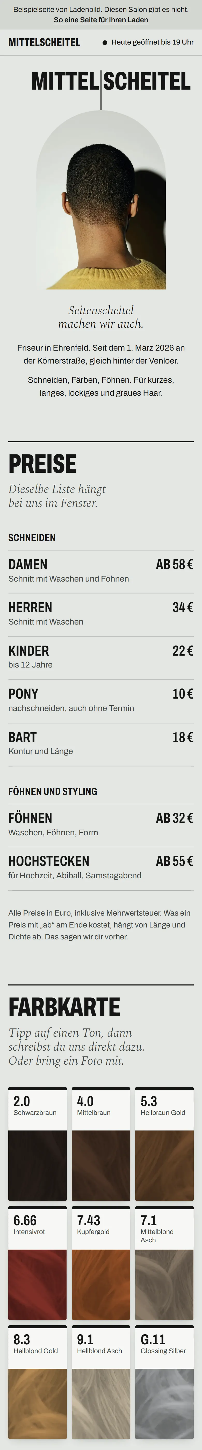 Beispielseite des Friseursalons Mittelscheitel auf dem Handy