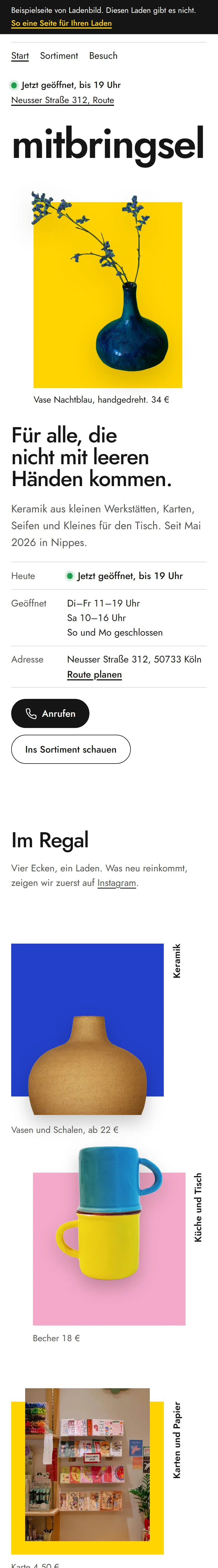 Beispielseite des Geschenkladens Mitbringsel auf dem Handy