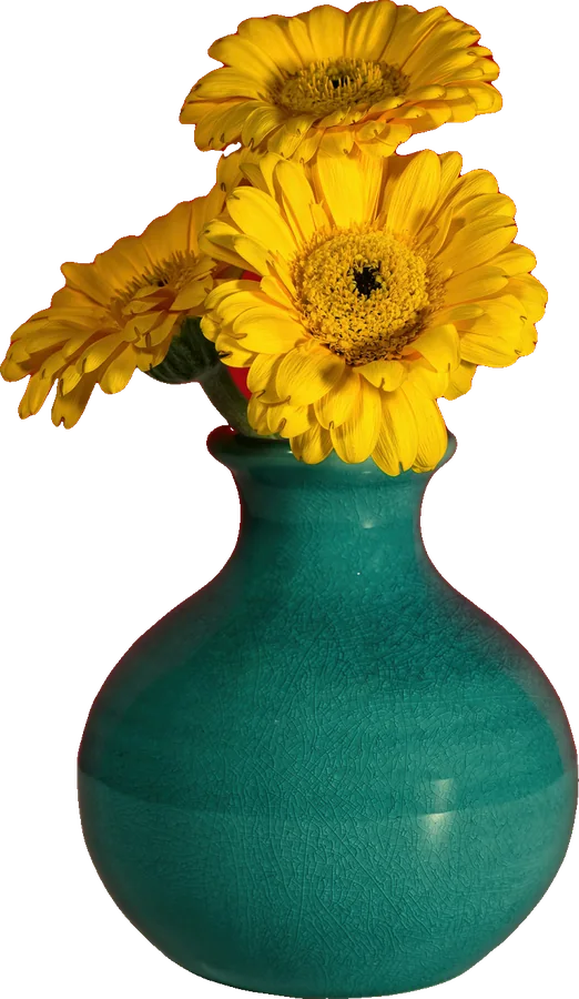 Petrolfarbene Vase mit gelben Gerbera